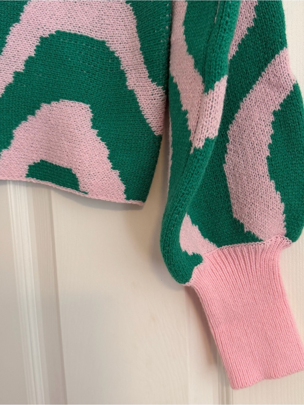 Pink Green Abstract Knit Sweater Large Balloon Sleeve Cropped Pullover - Picture 4 of 5
